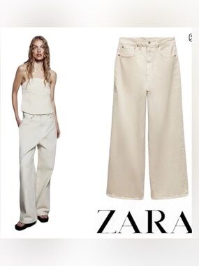 Zara NWT ZW COLLECTION cream Wide Leg High-Rise denim Jeans